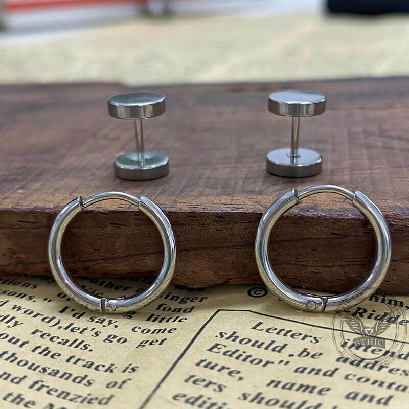 Simple Dumbbell Stainless Steel Hoop Earrings Set 07 | Gthic.com