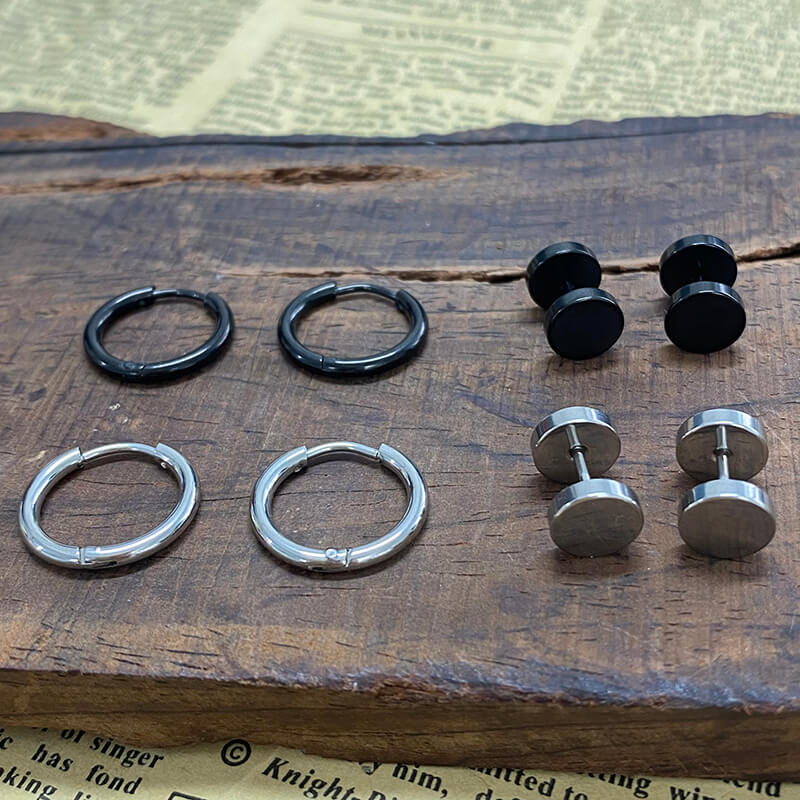 Simple Dumbbell Stainless Steel Hoop Earrings Set 03 | Gthic.com