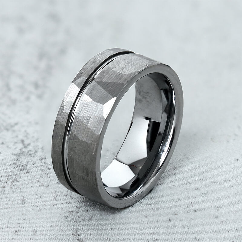 Simple Flat Hammered Tungsten Steel Wide Ring
