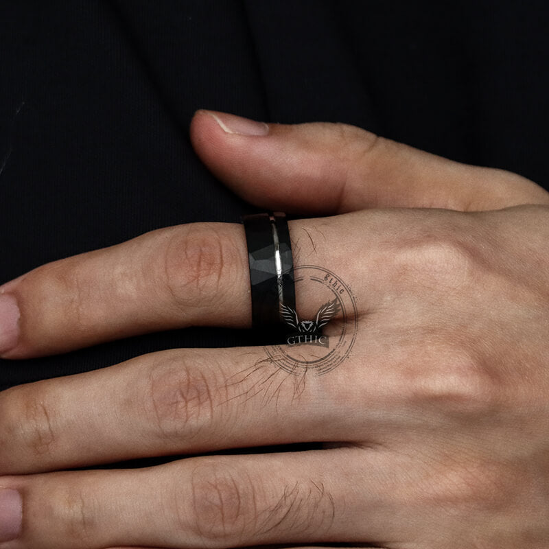 Simple Flat Hammered Tungsten Steel Wide Ring