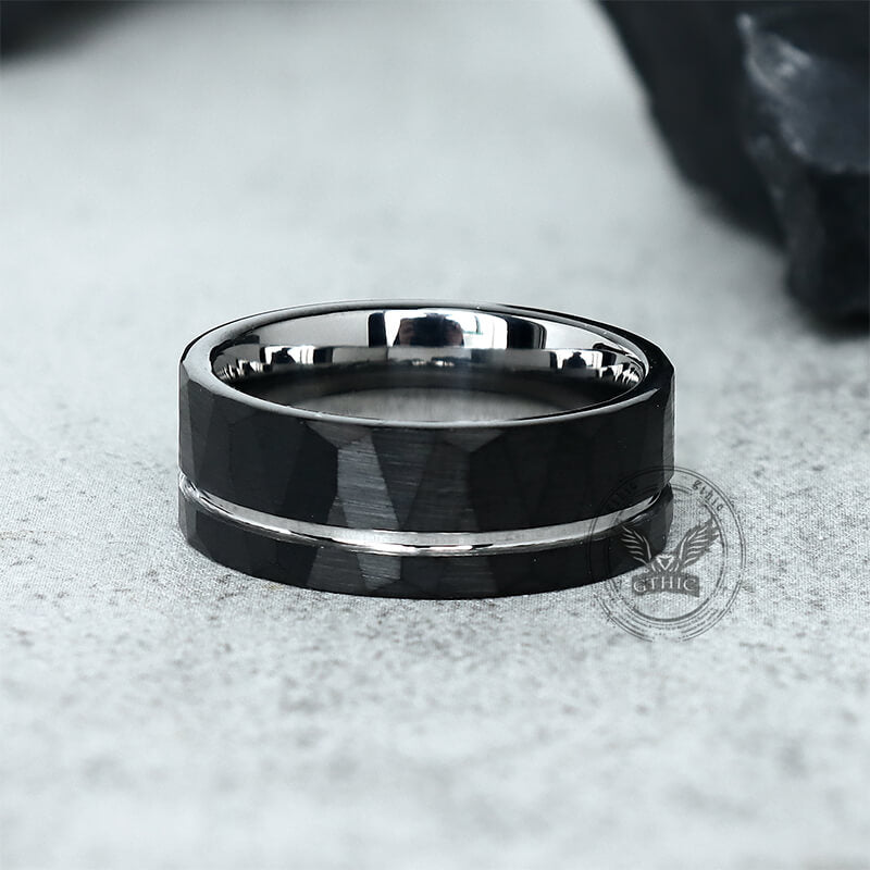 Simple Flat Hammered Tungsten Steel Wide Ring