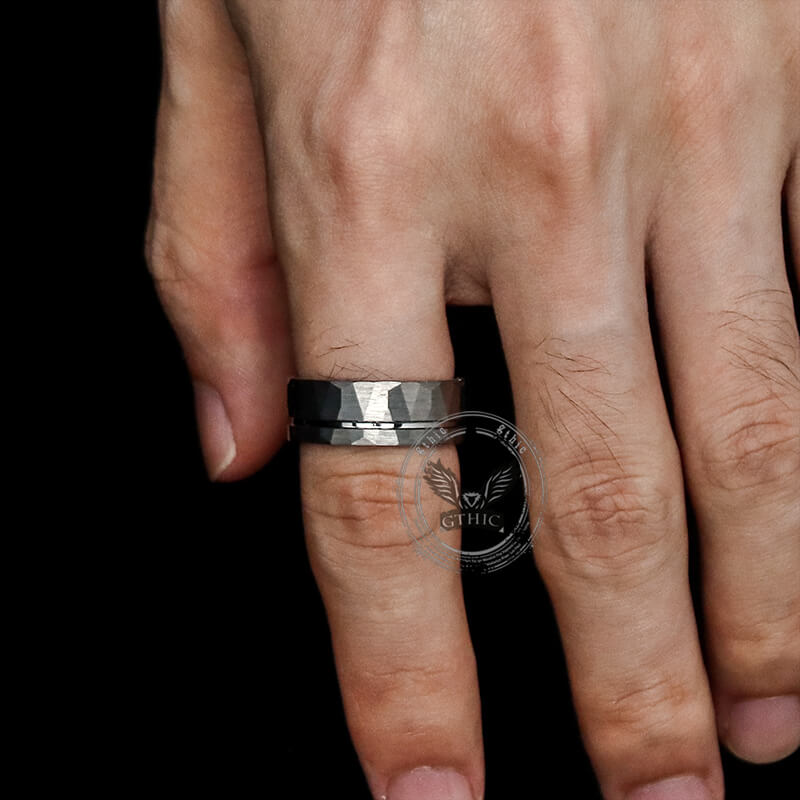 Simple Flat Hammered Tungsten Steel Wide Ring