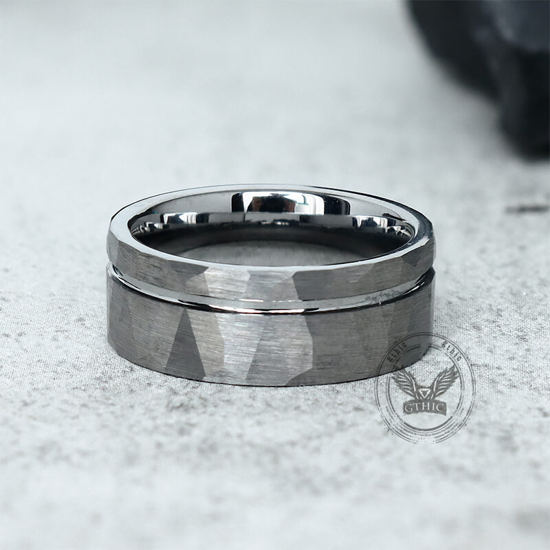 Simple Flat Hammered Tungsten Steel Wide Ring