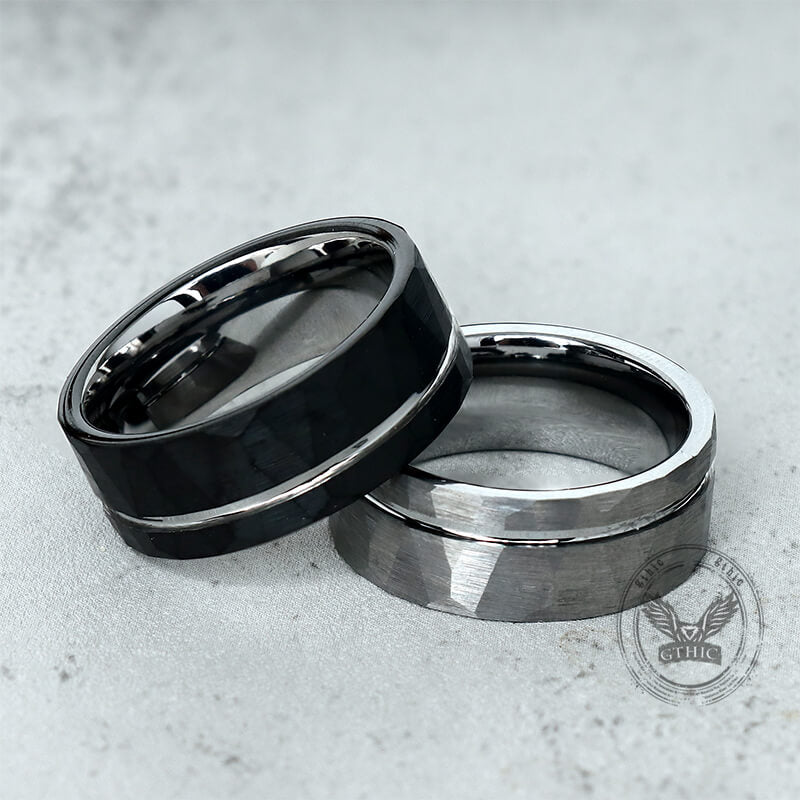 Simple Flat Hammered Tungsten Steel Wide Ring