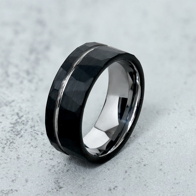 Simple Flat Hammered Tungsten Steel Wide Ring