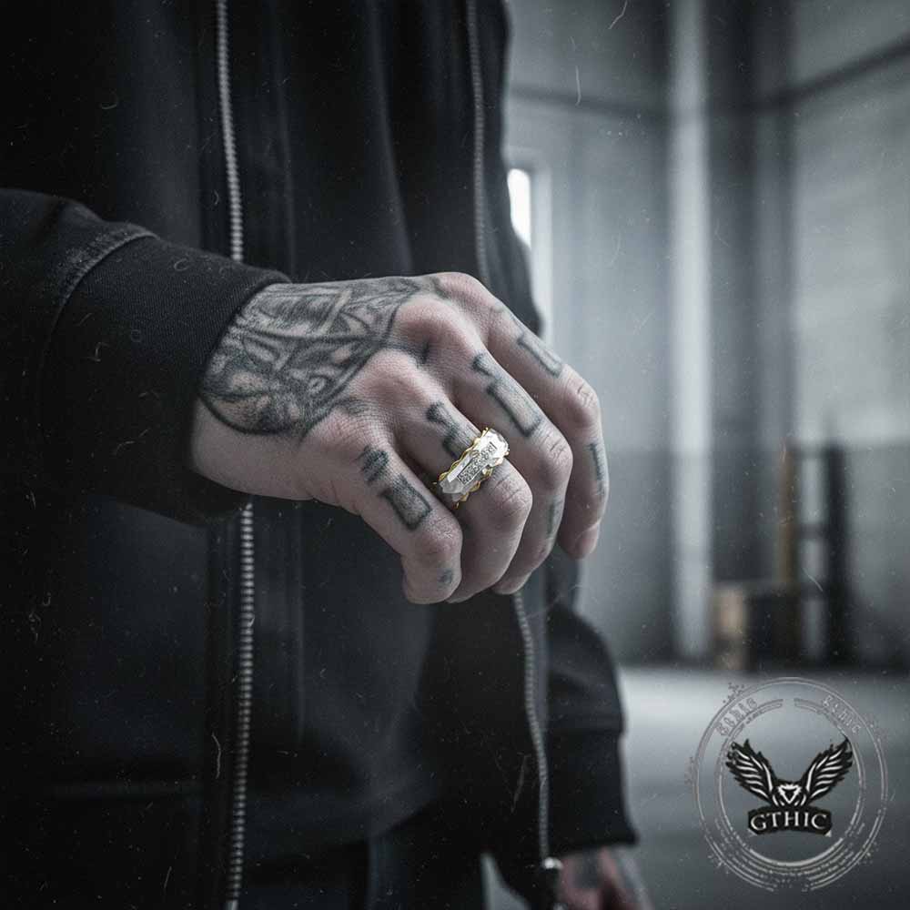 Simple Gem-Set Two-Tone Gear Stainless Steel Ring | Gthic.com