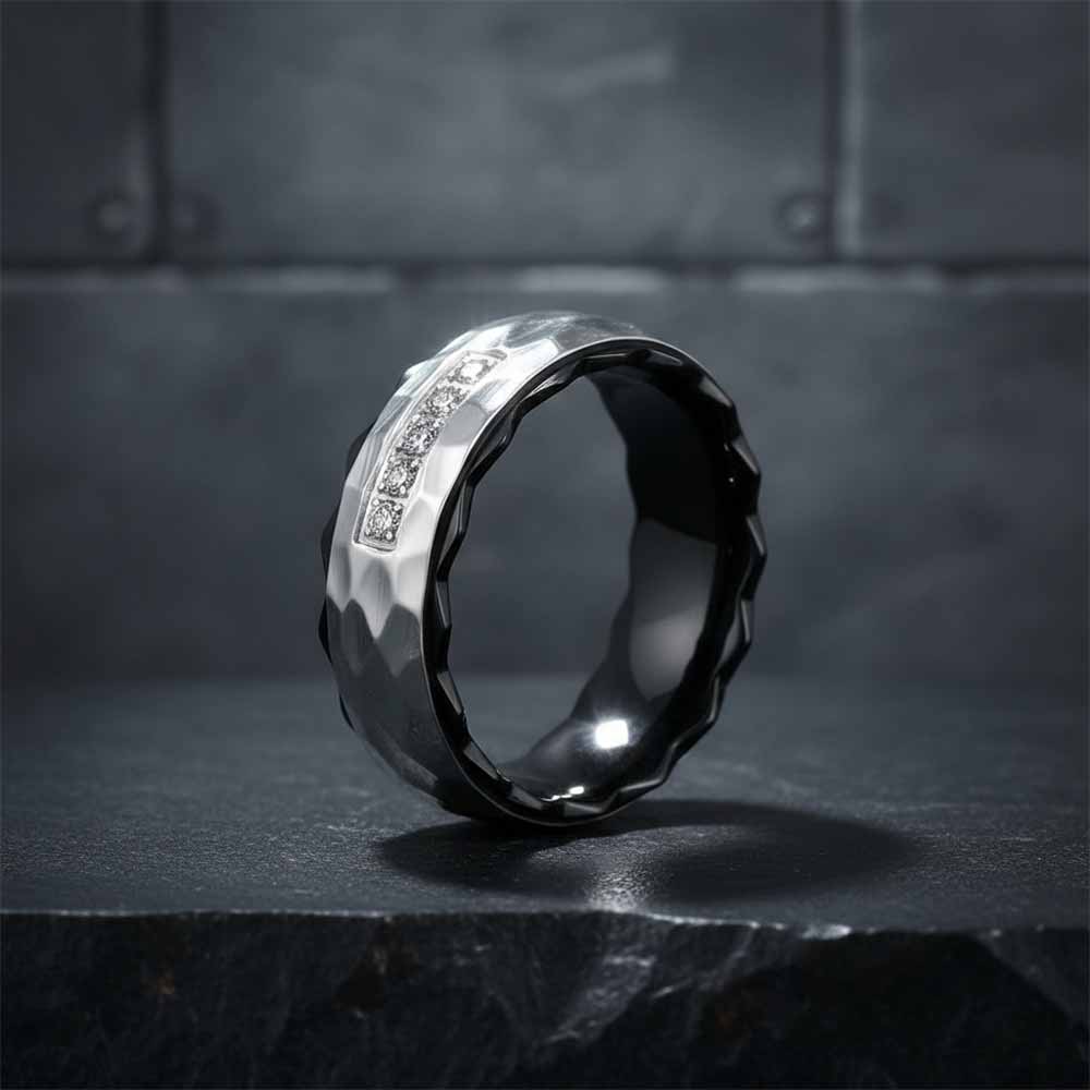Simple Gem-Set Two-Tone Gear Stainless Steel Ring