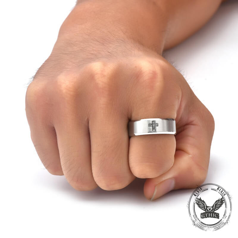 Simple Gemstone Cross Brushed Stainless Steel Ring | Gthic.com