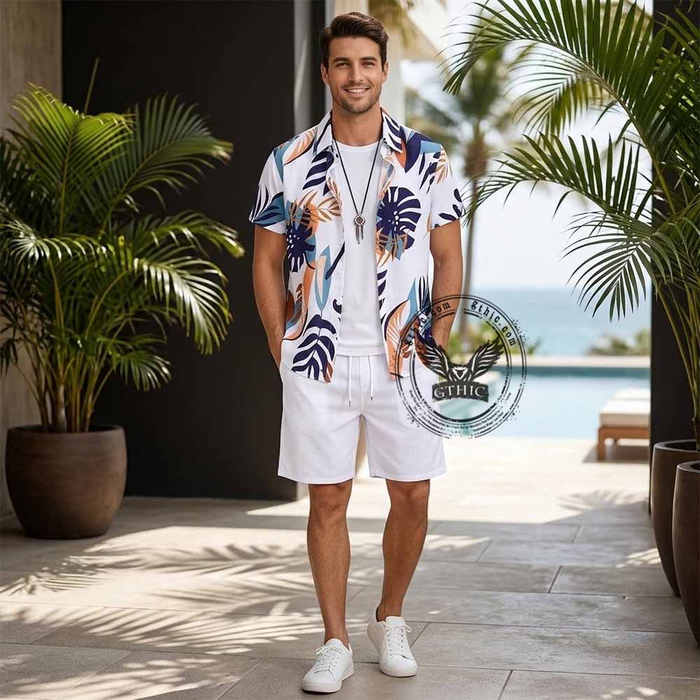 Simple Leaf Print Loose Vacation Shirt and Shorts Set | Gthic.com