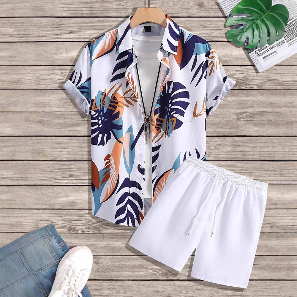 Simple Leaf Print Loose Vacation Shirt and Shorts Set | Gthic.com