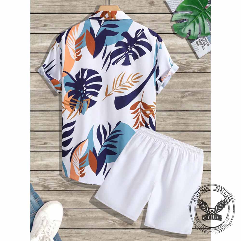 Simple Leaf Print Loose Vacation Shirt and Shorts Set