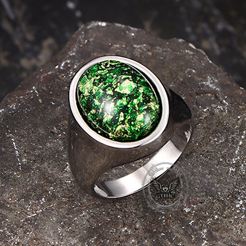 Simple Oval Green Gem Stainless Steel Ring