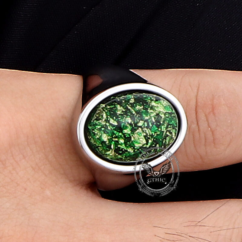 Simple Oval Green Gem Stainless Steel Ring