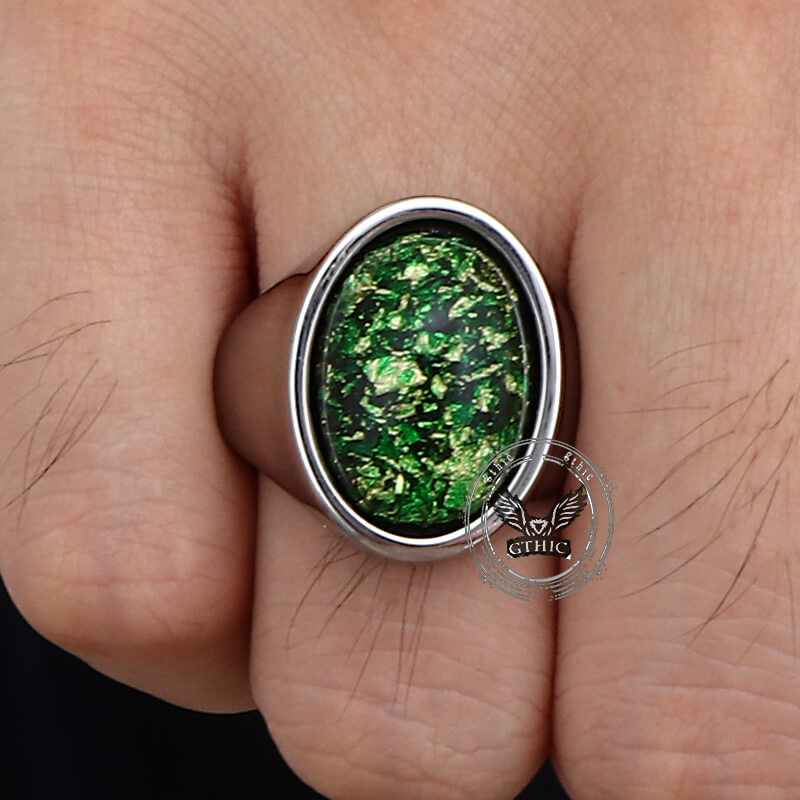 Simple Oval Green Gem Stainless Steel Ring