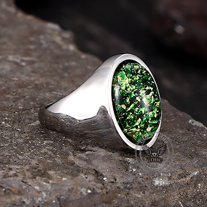 Simple Oval Green Gem Stainless Steel Ring