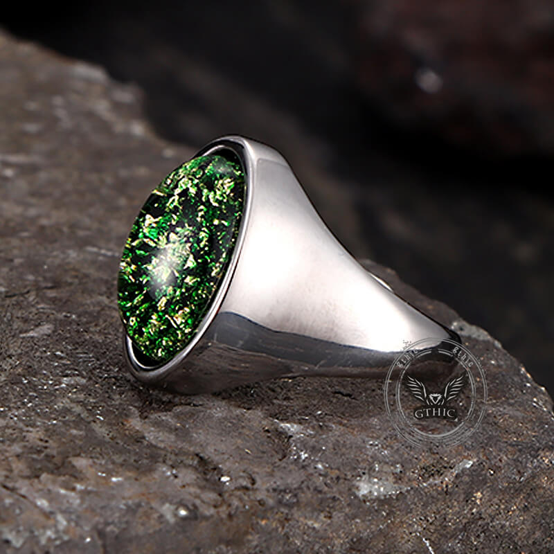 Simple Oval Green Gem Stainless Steel Ring
