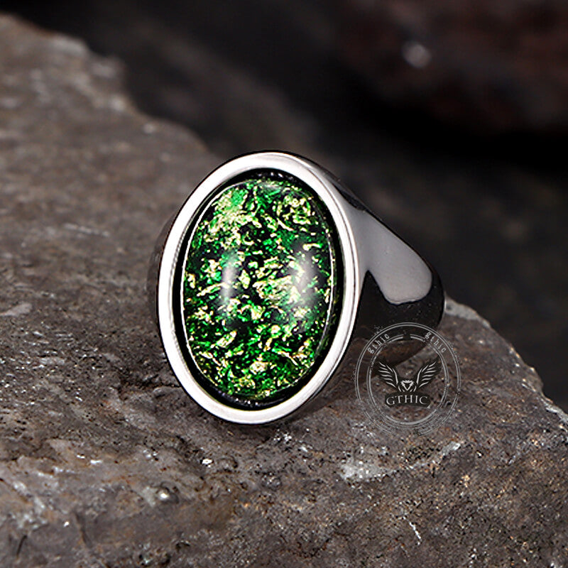 Simple Oval Green Gem Stainless Steel Ring