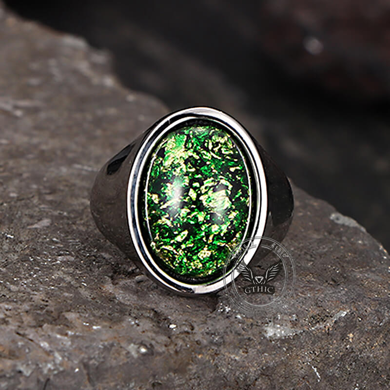 Simple Oval Green Gem Stainless Steel Ring