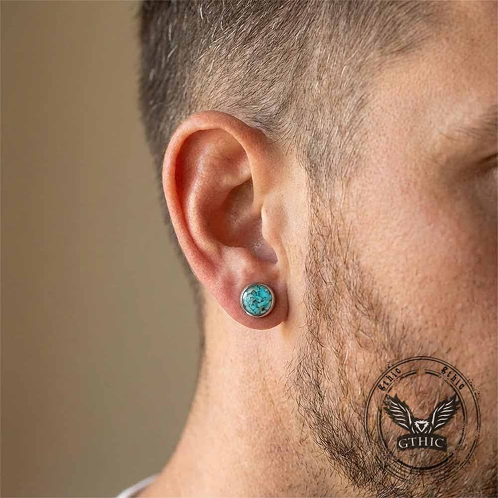 Simple Round Turquoise Stainless Steel Stud Earrings | Gthic.com