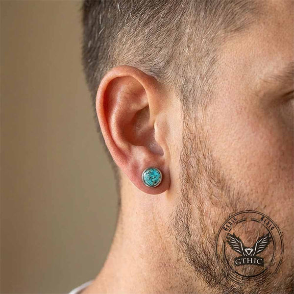 Simple Round Turquoise Stainless Steel Stud Earrings | Gthic.com