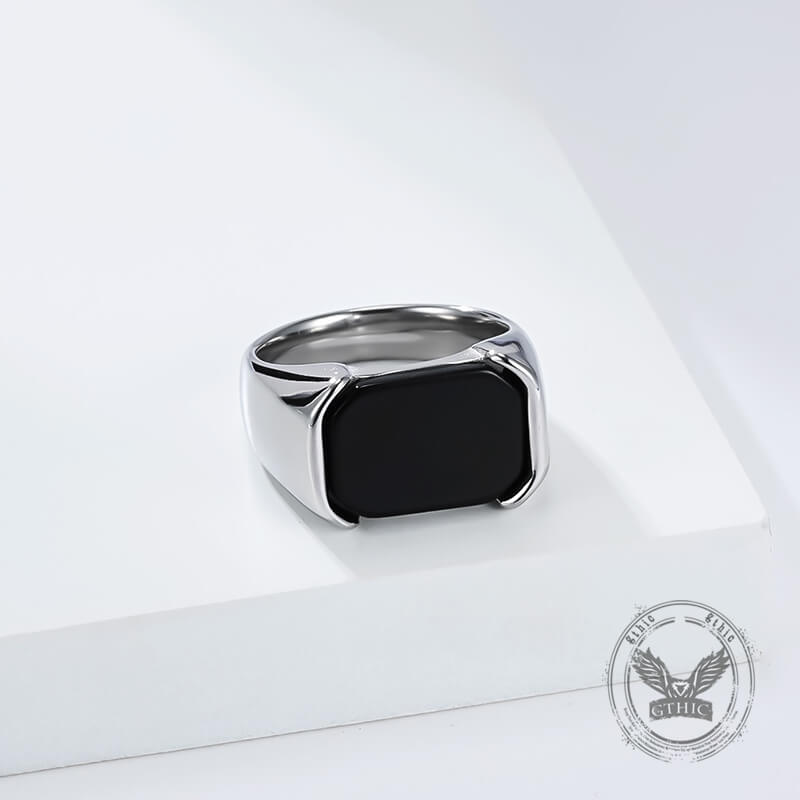 Simple Smooth Black Gemstone Stainless Steel Ring