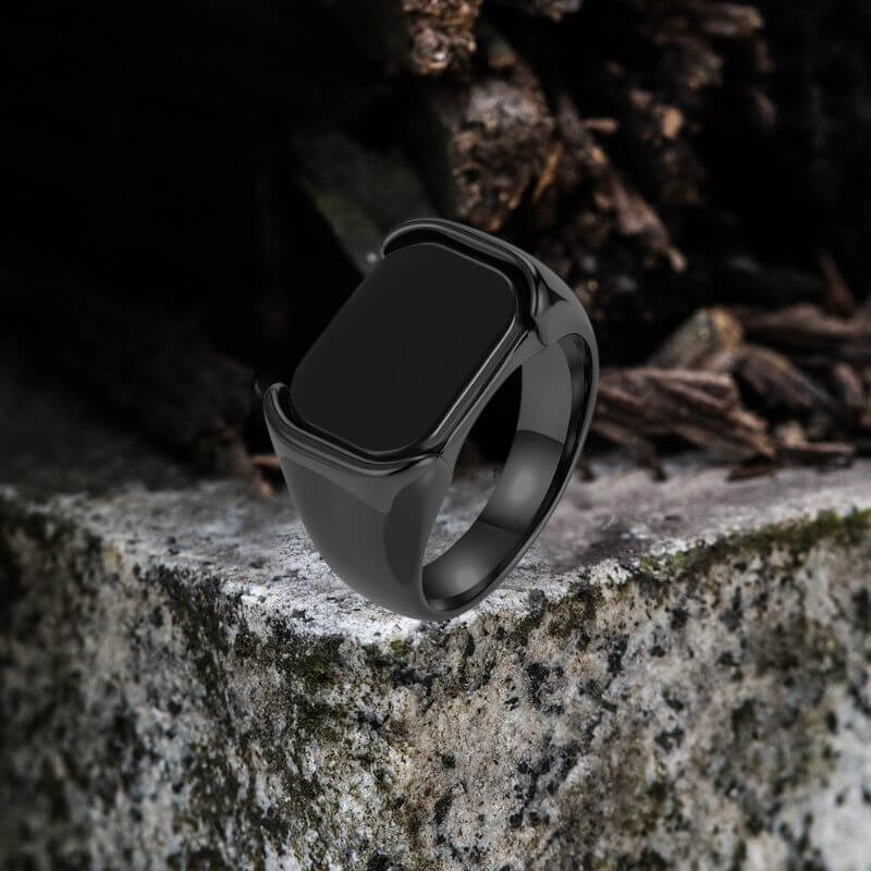 Simple Smooth Black Gemstone Stainless Steel Ring