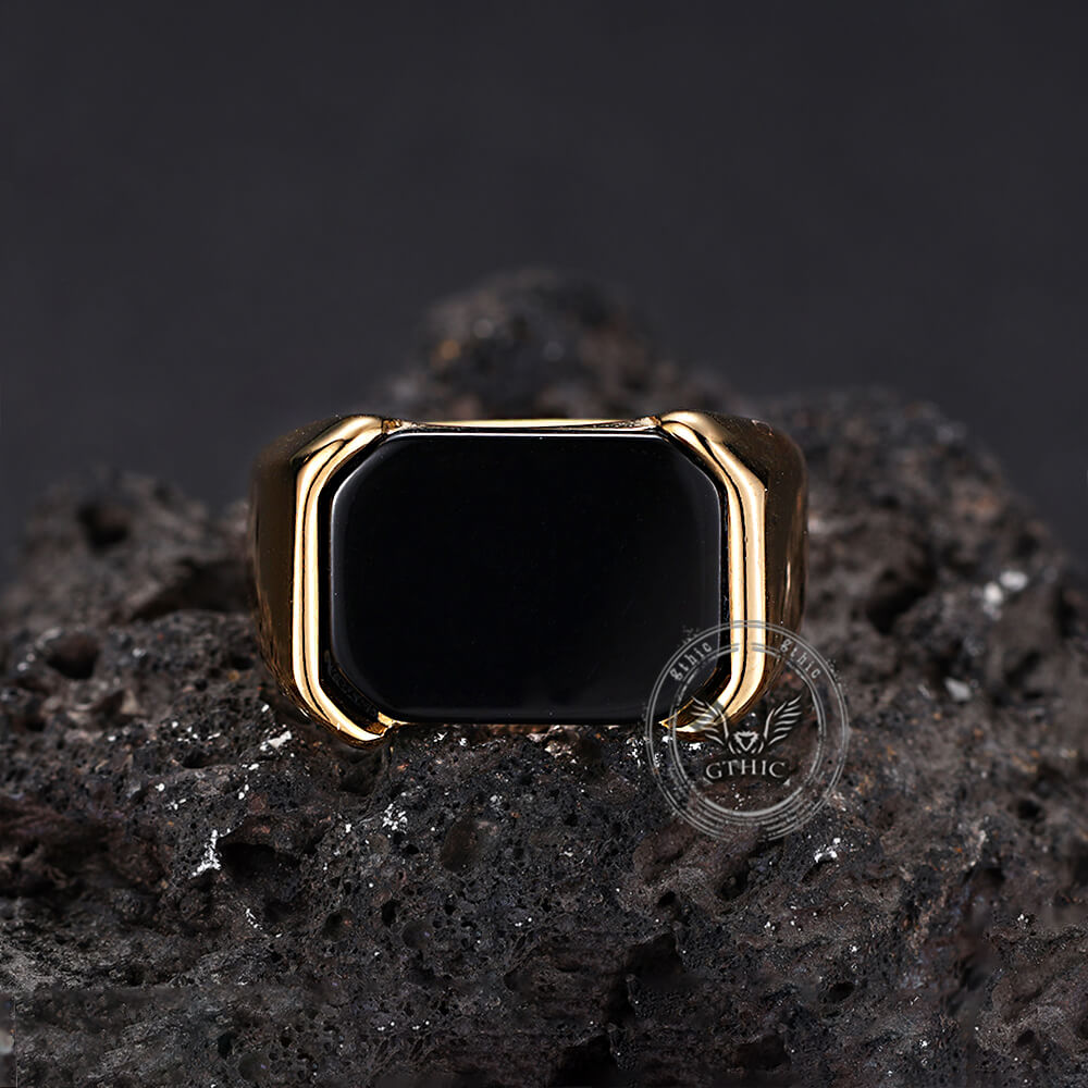 Simple Smooth Black Gemstone Stainless Steel Ring