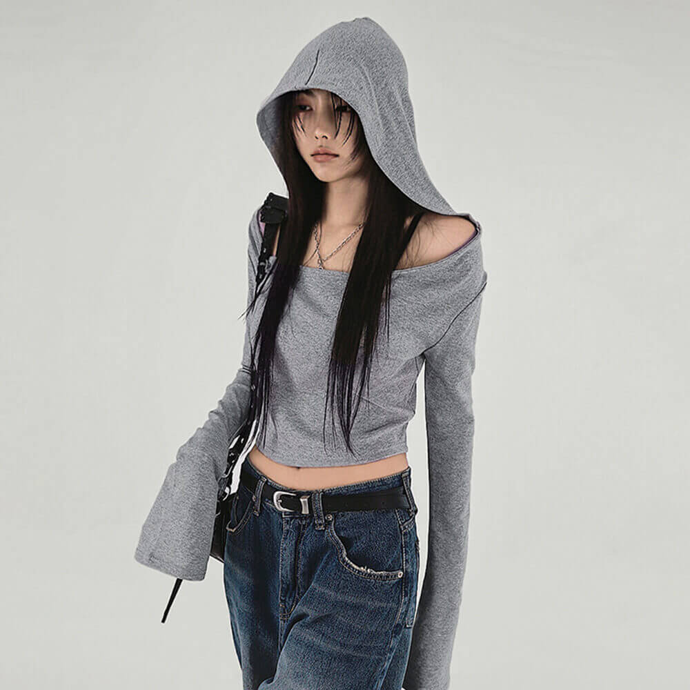 Simple Solid Color Off-The-Shoulder Knitted Hoodie 03 | Gthic.com