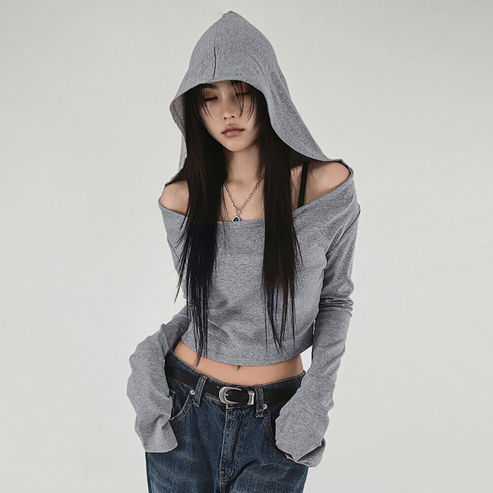 Simple Solid Color Off-The-Shoulder Knitted Hoodie 01 | Gthic.com