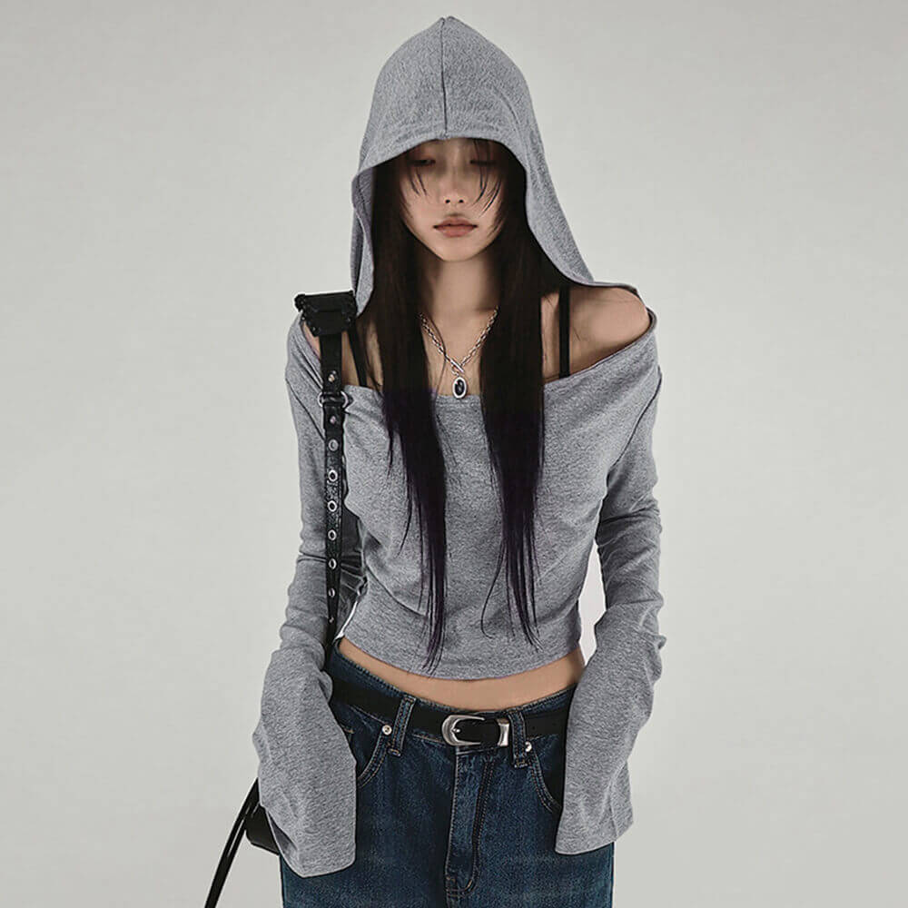 Simple Solid Color Off-The-Shoulder Knitted Hoodie 02 | Gthic.com