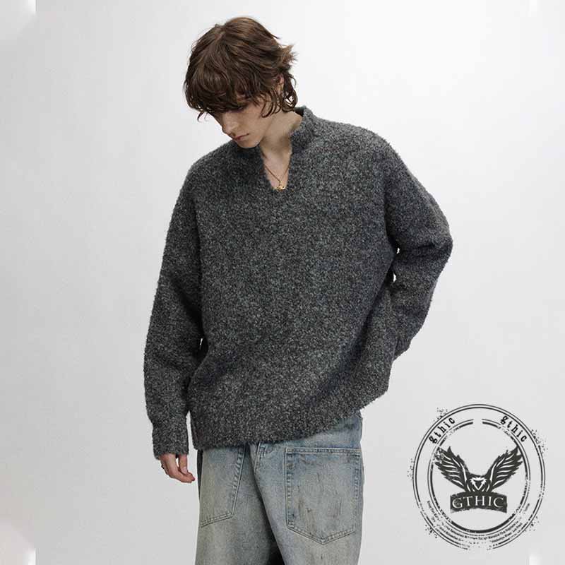 Simple Solid Color V-Neck Loose American Knit Sweater | Gthic.com