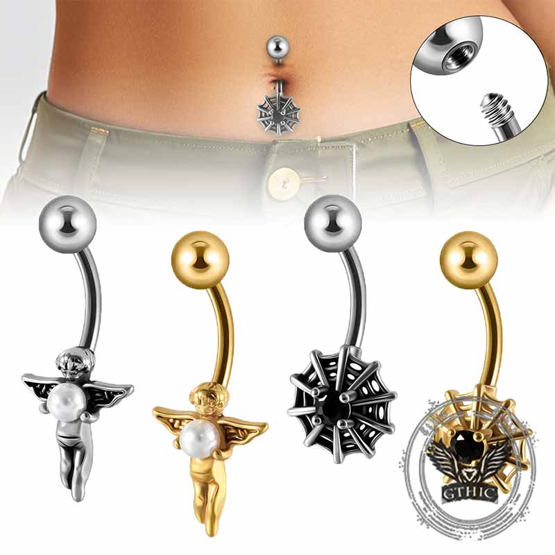 Simple Spider Web Angel Stainless Steel Belly Ring 01 | Gthic.com