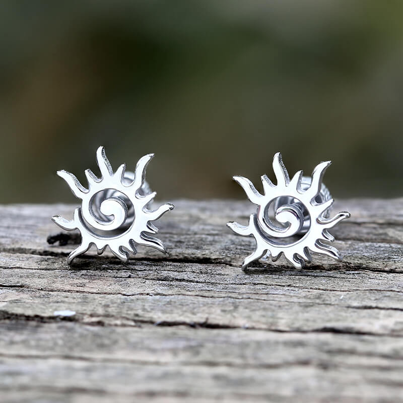 Simple Sun Pattern Stainless Steel Stud Earrings, Silver / A Pair