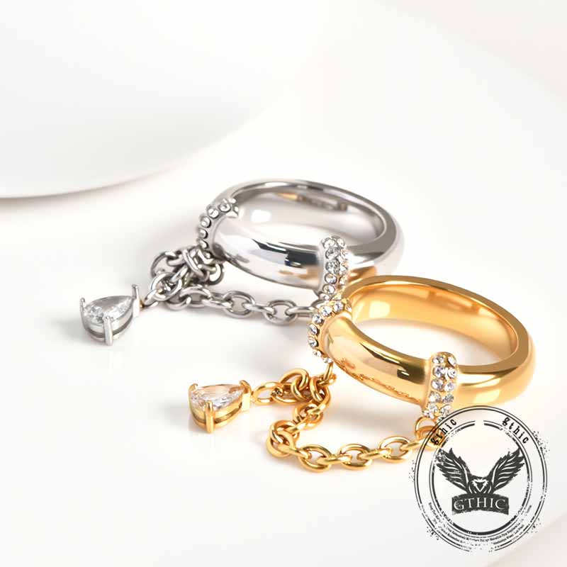 Simple Teardrop Pendant Chain Stainless Steel Ring 01 | Gthic.com
