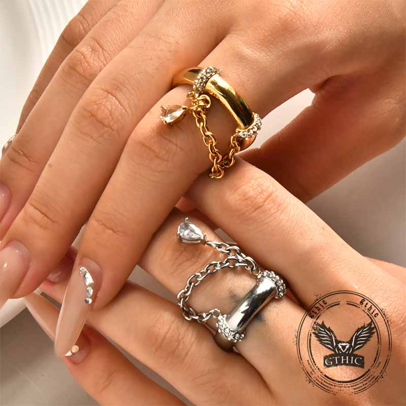 Simple Teardrop Pendant Chain Stainless Steel Ring 02 | Gthic.com