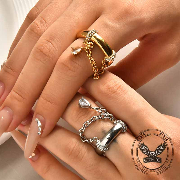 Simple Teardrop Pendant Chain Stainless Steel Ring 02 | Gthic.com