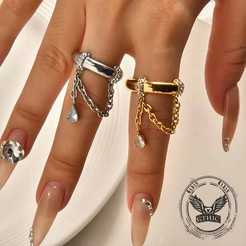 Simple Teardrop Pendant Chain Stainless Steel Ring 03 | Gthic.com