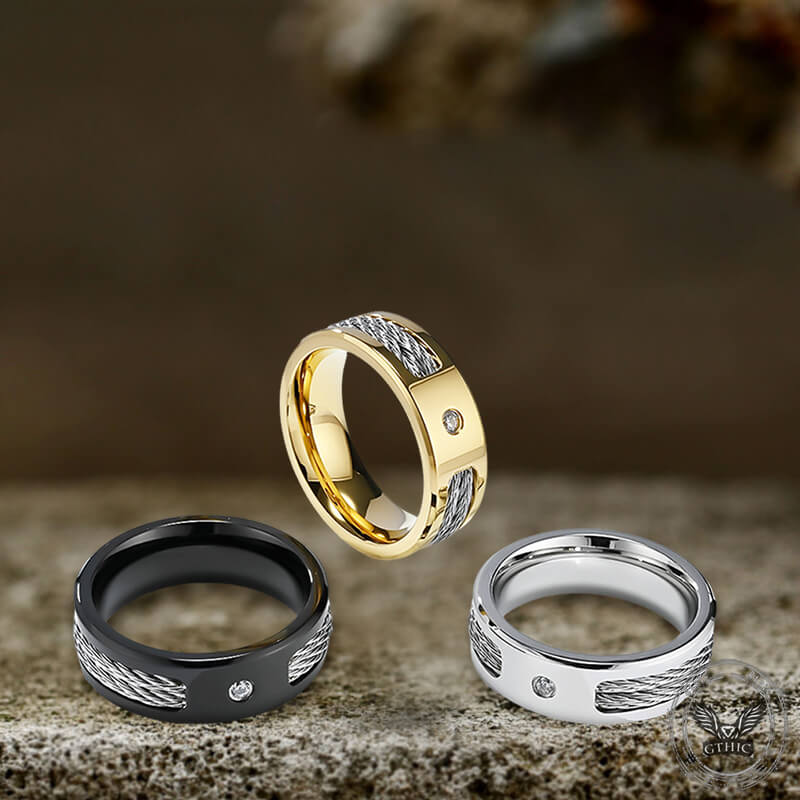 Simple Wire Rope Design Zircon Stainless Steel Ring | Gthic.com