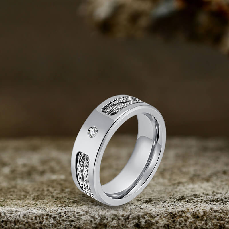 Simple Wire Rope Design Zircon Stainless Steel Ring | Gthic.com