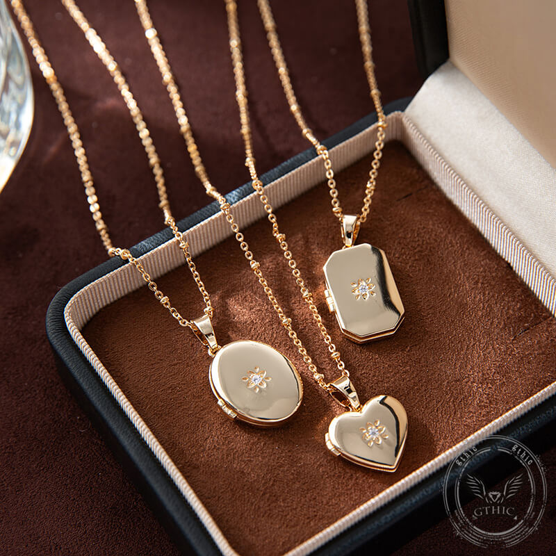 Simple Zirconic Oval Heart Photo Album Copper Locket Necklace | Gthic.com