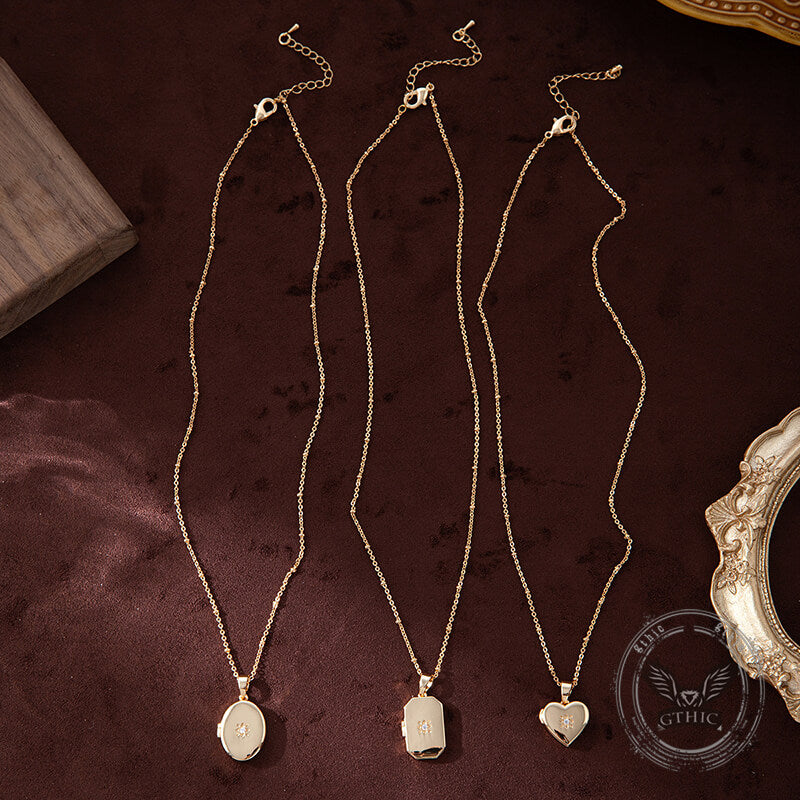 Simple Zirconic Oval Heart Photo Album Copper Locket Necklace | Gthic.com