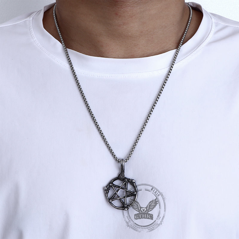 Skeleton Hand and Circle Pentagram Stainless Steel Pendant