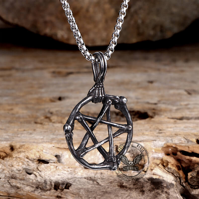 Skeleton Hand and Circle Pentagram Stainless Steel Pendant