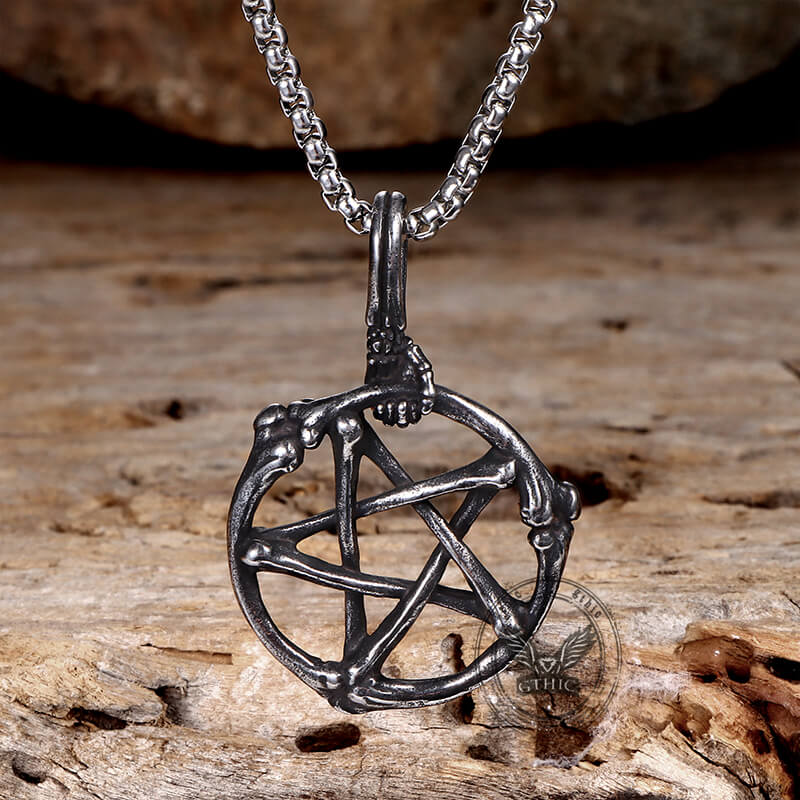 Skeleton Hand and Circle Pentagram Stainless Steel Pendant