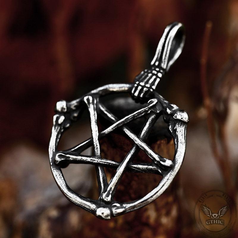 Skeleton Hand and Circle Pentagram Stainless Steel Pendant | Gthic.com