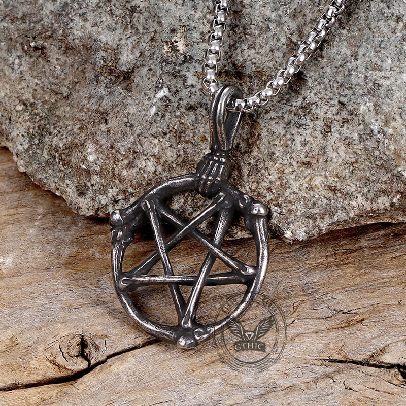 Skeleton Hand and Circle Pentagram Stainless Steel Pendant