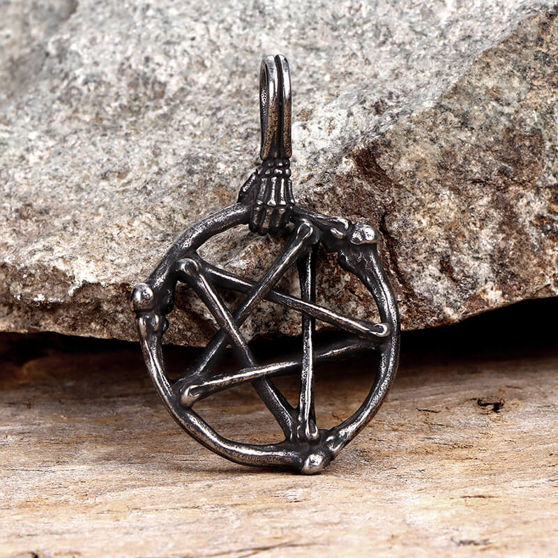 Skeleton Hand and Circle Pentagram Stainless Steel Pendant