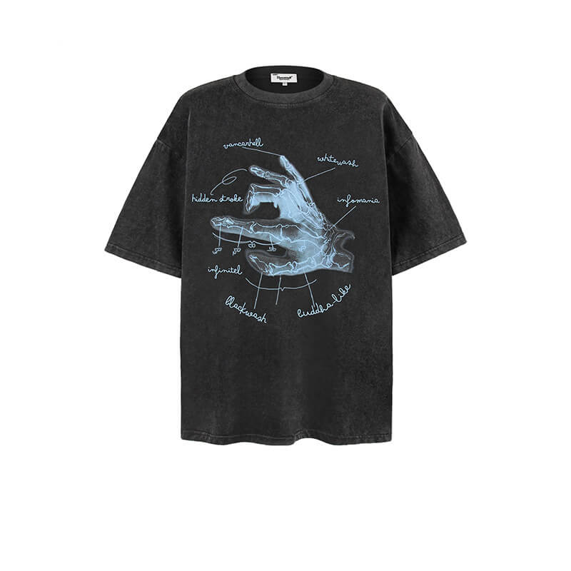 Skeleton Hands Grotesque Print Washed Cotton T-shirt