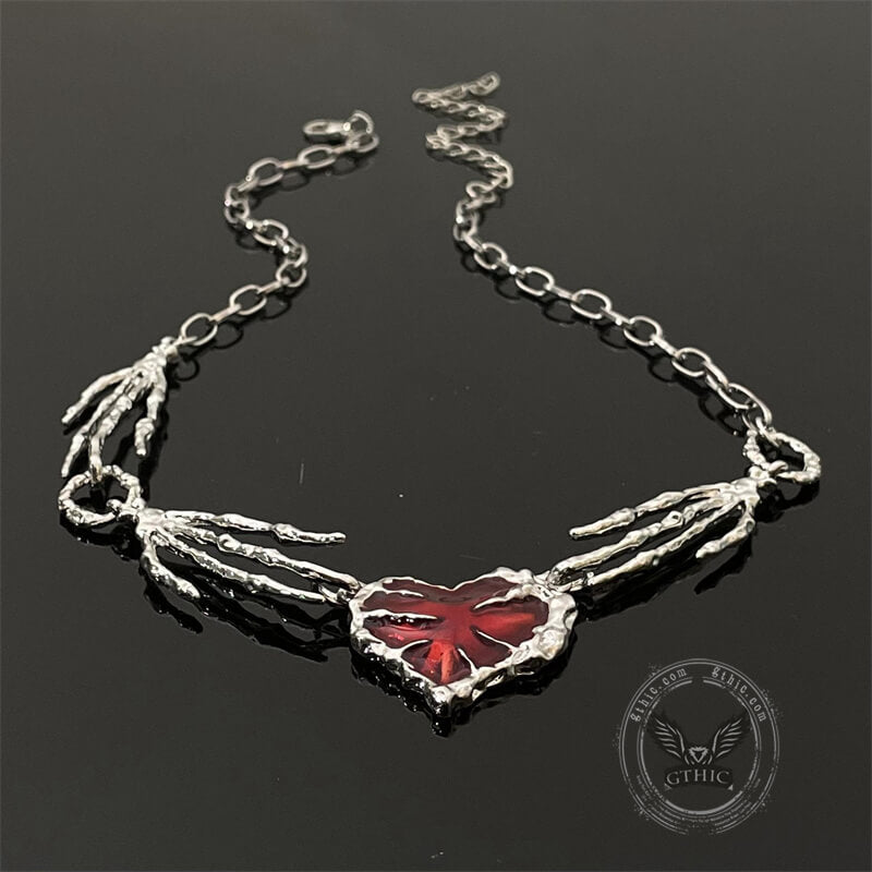 Skeleton Hands Red Heart Alloy Choker Necklace | Gthic.com