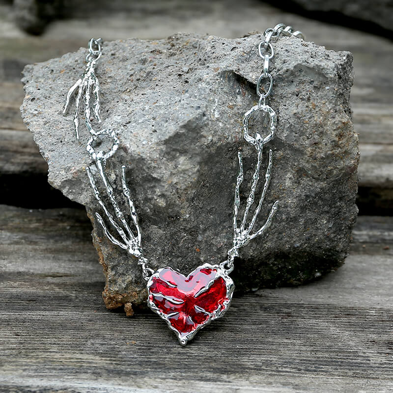 Skeleton Hands Red Heart Alloy Choker Necklace